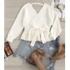 ZESICA Women’s Fall 2026 Wrap V Neck Long Batwing Sleeve Belted Waist Ruffle Knitted Sweater Pullover Top(Ivory)