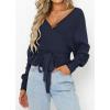 ZESICA Women’s Fall 2026 Wrap V Neck Long Batwing Sleeve Belted Waist Ruffle Knitted Sweater Pullover Top(Navy)