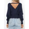 ZESICA Women’s Fall 2026 Wrap V Neck Long Batwing Sleeve Belted Waist Ruffle Knitted Sweater Pullover Top(Navy)
