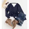 ZESICA Women’s Fall 2026 Wrap V Neck Long Batwing Sleeve Belted Waist Ruffle Knitted Sweater Pullover Top(Navy)