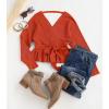 ZESICA Women’s Fall 2026 Wrap V Neck Long Batwing Sleeve Belted Waist Ruffle Knitted Sweater Pullover Top(Orange)