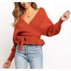 ZESICA Women’s Fall 2026 Wrap V Neck Long Batwing Sleeve Belted Waist Ruffle Knitted Sweater Pullover Top(Orange)