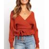 ZESICA Women’s Fall 2026 Wrap V Neck Long Batwing Sleeve Belted Waist Ruffle Knitted Sweater Pullover Top(Orange)