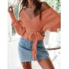 ZESICA Women’s Fall 2026 Wrap V Neck Long Batwing Sleeve Belted Waist Ruffle Knitted Sweater Pullover Top(Peach)