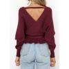 ZESICA Women’s Fall 2026 Wrap V Neck Long Batwing Sleeve Belted Waist Ruffle Knitted Sweater Pullover Top(Wine)