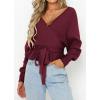 ZESICA Women’s Fall 2026 Wrap V Neck Long Batwing Sleeve Belted Waist Ruffle Knitted Sweater Pullover Top(Wine)