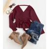 ZESICA Women’s Fall 2026 Wrap V Neck Long Batwing Sleeve Belted Waist Ruffle Knitted Sweater Pullover Top(Wine)