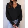 ZESICA Women’s Fall Lapel Collar V Neck Long Sleeve Ribbed Knit Comfy Loose Casual Pullover Sweater Jumper Top(Darkblack)