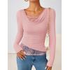 ZESICA Women’s Fall Long Sleeve Tops 2026 Casual Cowl Neck Lace Slim Fit Going Out Y2k Knit Shirts Blouses(Pink)