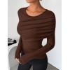 ZESICA Women’s Fall Long Sleeve Tops 2026 Casual Crewneck Ruched Shirts Slim Fit Going Out Y2K Blouses(Brown)