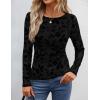 ZESICA Womens Floral Long Sleeve Shirts 2026 Spring Boat Neck Mesh Ruched Tops Fitted Asymmetrical Going Out Blouses(Black)