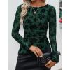 ZESICA Womens Floral Long Sleeve Shirts 2026 Spring Boat Neck Mesh Ruched Tops Fitted Asymmetrical Going Out Blouses(Green)