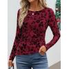 ZESICA Womens Floral Long Sleeve Shirts 2026 Spring Boat Neck Mesh Ruched Tops Fitted Asymmetrical Going Out Blouses(Red)