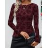ZESICA Womens Floral Long Sleeve Shirts 2026 Spring Boat Neck Mesh Ruched Tops Fitted Asymmetrical Going Out Blouses(Wine)