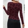 ZESICA Womens Floral Long Sleeve Shirts 2026 Spring Boat Neck Mesh Ruched Tops Fitted Asymmetrical Going Out Blouses(Wine)