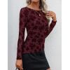 ZESICA Womens Floral Long Sleeve Shirts 2026 Spring Boat Neck Mesh Ruched Tops Fitted Asymmetrical Going Out Blouses(Wine)