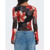 ZESICA Womens Floral Mesh Long Sleeve Tops 2026 Fall Cowl Neck Slim Fit Going Out Y2k Shirts Trendy Date Night Outfits(Black)