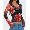 ZESICA Womens Floral Mesh Long Sleeve Tops 2026 Fall Cowl Neck Slim Fit Going Out Y2k Shirts Trendy Date Night Outfits(Black)