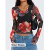 ZESICA Womens Floral Mesh Long Sleeve Tops 2026 Fall Cowl Neck Slim Fit Going Out Y2k Shirts Trendy Date Night Outfits(Black)