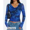 ZESICA Womens Floral Mesh Long Sleeve Tops 2026 Fall Cowl Neck Slim Fit Going Out Y2k Shirts Trendy Date Night Outfits(Dark Blue)