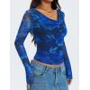 ZESICA Womens Floral Mesh Long Sleeve Tops 2026 Fall Cowl Neck Slim Fit Going Out Y2k Shirts Trendy Date Night Outfits(Dark Blue)