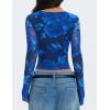 ZESICA Womens Floral Mesh Long Sleeve Tops 2026 Fall Cowl Neck Slim Fit Going Out Y2k Shirts Trendy Date Night Outfits(Dark Blue)