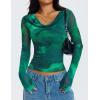ZESICA Womens Floral Mesh Long Sleeve Tops 2026 Fall Cowl Neck Slim Fit Going Out Y2k Shirts Trendy Date Night Outfits(Green)