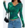 ZESICA Womens Floral Mesh Long Sleeve Tops 2026 Fall Cowl Neck Slim Fit Going Out Y2k Shirts Trendy Date Night Outfits(Green)