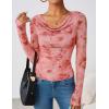 ZESICA Womens Floral Mesh Long Sleeve Tops 2026 Fall Cowl Neck Slim Fit Going Out Y2k Shirts Trendy Date Night Outfits(Pink)