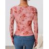 ZESICA Womens Floral Mesh Long Sleeve Tops 2026 Fall Cowl Neck Slim Fit Going Out Y2k Shirts Trendy Date Night Outfits(Pink)