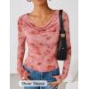 ZESICA Womens Floral Mesh Long Sleeve Tops 2026 Fall Cowl Neck Slim Fit Going Out Y2k Shirts Trendy Date Night Outfits(Pink)