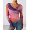 ZESICA Womens Floral Mesh Long Sleeve Tops 2026 Fall Cowl Neck Slim Fit Going Out Y2k Shirts Trendy Date Night Outfits(Purple)