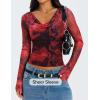 ZESICA Womens Floral Mesh Long Sleeve Tops 2026 Fall Cowl Neck Slim Fit Going Out Y2k Shirts Trendy Date Night Outfits(Red)
