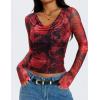 ZESICA Womens Floral Mesh Long Sleeve Tops 2026 Fall Cowl Neck Slim Fit Going Out Y2k Shirts Trendy Date Night Outfits(Red)