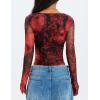ZESICA Womens Floral Mesh Long Sleeve Tops 2026 Fall Cowl Neck Slim Fit Going Out Y2k Shirts Trendy Date Night Outfits(Red)