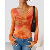 ZESICA Womens Floral Mesh Long Sleeve Tops 2026 Fall Cowl Neck Slim Fit Going Out Y2k Shirts Trendy Date Night Outfits(Tangerine)