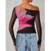 ZESICA Women’s Floral Off Shoulder Long Sleeve Tops 2026 Spring Mesh Ruched Fitted Trendy Going Out Shirts Blouses(Black)