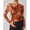 ZESICA Women’s Floral Off Shoulder Long Sleeve Tops 2026 Spring Mesh Ruched Fitted Trendy Going Out Shirts Blouses(Brown)