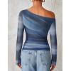 ZESICA Women’s Floral Off Shoulder Long Sleeve Tops 2026 Spring Mesh Ruched Fitted Trendy Going Out Shirts Blouses(Dustyblue)