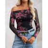 ZESICA Women’s Floral Off Shoulder Long Sleeve Tops 2026 Spring Mesh Ruched Fitted Trendy Going Out Shirts Blouses(Ebony)