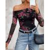 ZESICA Women’s Floral Off Shoulder Long Sleeve Tops 2026 Spring Mesh Ruched Fitted Trendy Going Out Shirts Blouses(Ebony)