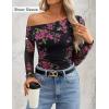 ZESICA Women’s Floral Off Shoulder Long Sleeve Tops 2026 Spring Mesh Ruched Fitted Trendy Going Out Shirts Blouses(Ebony)