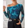 ZESICA Women’s Floral Off Shoulder Long Sleeve Tops 2026 Spring Mesh Ruched Fitted Trendy Going Out Shirts Blouses(Lakeblue)