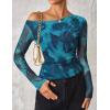 ZESICA Women’s Floral Off Shoulder Long Sleeve Tops 2026 Spring Mesh Ruched Fitted Trendy Going Out Shirts Blouses(Lakeblue)