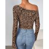 ZESICA Women’s Floral Off Shoulder Long Sleeve Tops 2026 Spring Mesh Ruched Fitted Trendy Going Out Shirts Blouses(Leopardbrown)