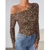 ZESICA Women’s Floral Off Shoulder Long Sleeve Tops 2026 Spring Mesh Ruched Fitted Trendy Going Out Shirts Blouses(Leopardbrown)