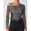 ZESICA Women’s Floral Off Shoulder Long Sleeve Tops 2026 Spring Mesh Ruched Fitted Trendy Going Out Shirts Blouses(Leopardgray)
