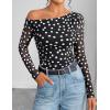 ZESICA Women’s Floral Off Shoulder Long Sleeve Tops 2026 Spring Mesh Ruched Fitted Trendy Going Out Shirts Blouses(Pointblack)