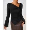 ZESICA Women’s Long Bell Sleeve Shirts 2026 Fall Going Out Asymmetrical Crop Tops Slim Fit Ribbed Ruched Y2K Clothes(Black)