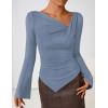 ZESICA Women’s Long Bell Sleeve Shirts 2026 Fall Going Out Asymmetrical Crop Tops Slim Fit Ribbed Ruched Y2K Clothes(Blue)